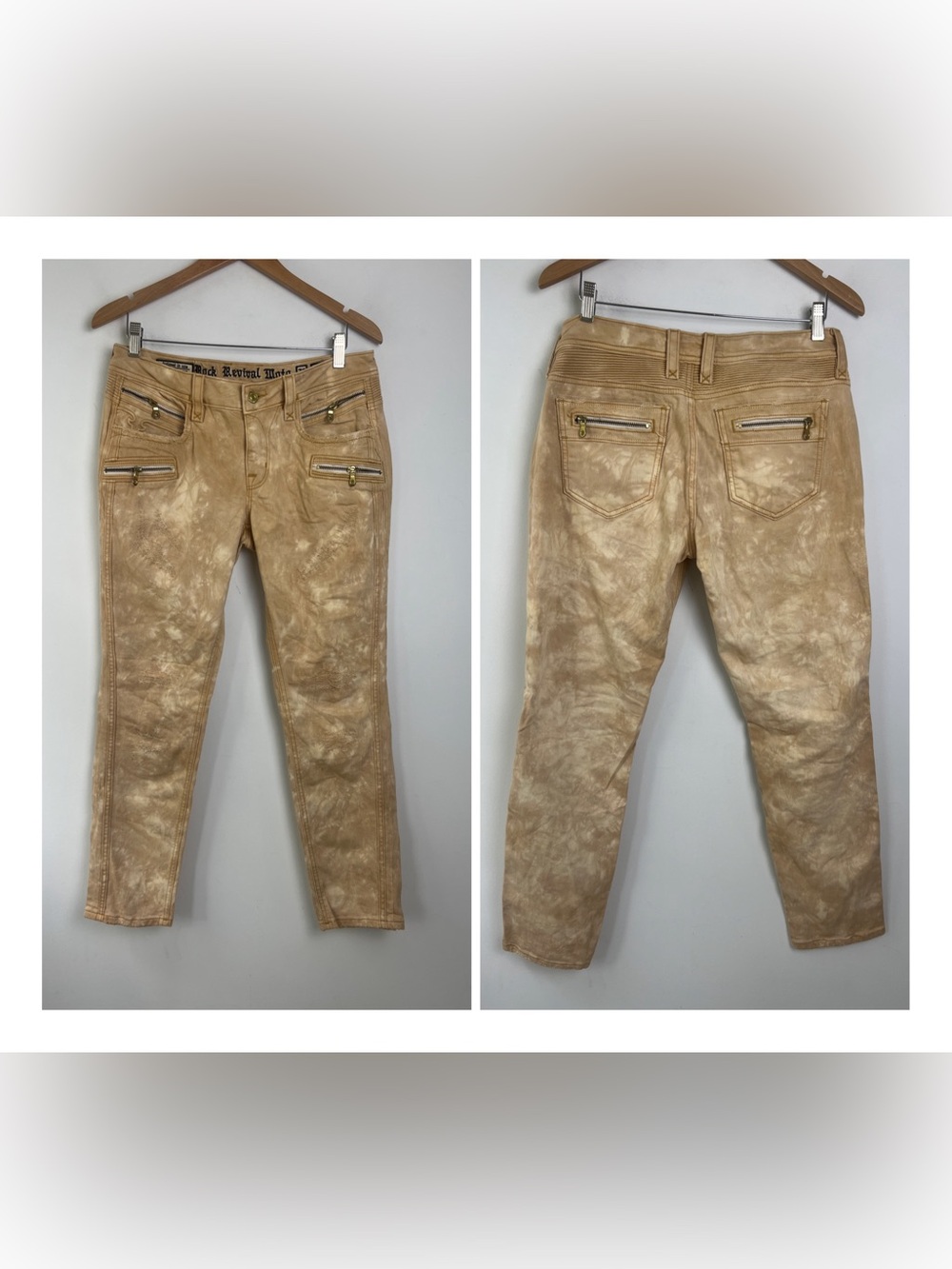 NWOT Rock Revival Women's 29 Tan/Sand Distressed‎ Moto Cladelle Skinny Jeans